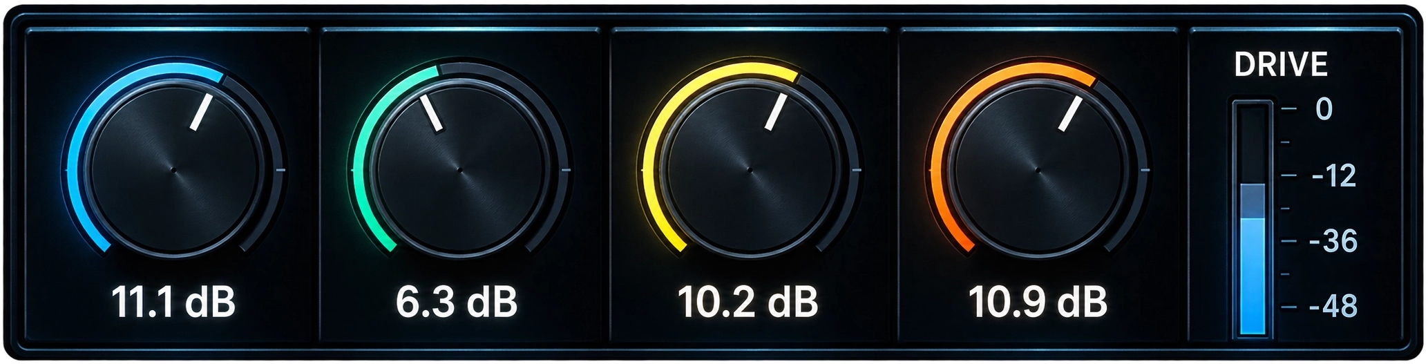 sat-forge-drive-control-per-band-saturation-plugin-interface SAT FORGE saturation plugin showing independent per-band Drive controls for precise harmonic shaping and multiband processing