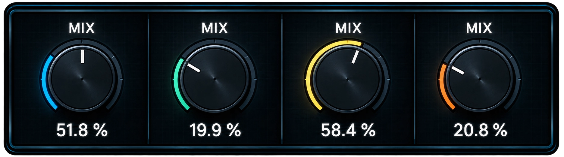sat-forge-mix-control-per-band-multiband-saturation SAT FORGE multiband saturation plugin showing independent per-band Mix controls for parallel saturation and precise tone shaping